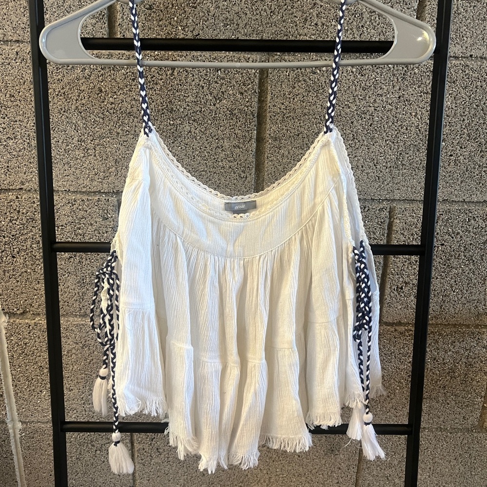 Aerie White Flowy Tassel Blouse Cover Up with Navy Accents